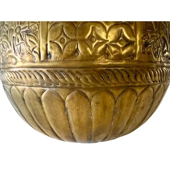 Vintage Large Brass Round Sphere Planter Floral Thistle Geometric Designs 11" - Picture 11 of 11